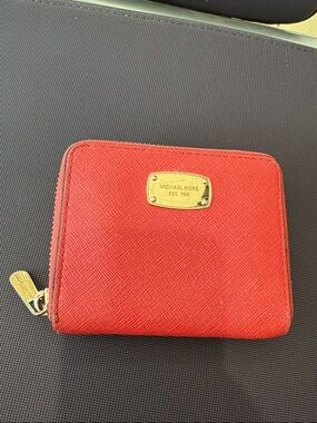 Michael Kors Saffiano Zip-Around Card Wallet with Gold Plaque